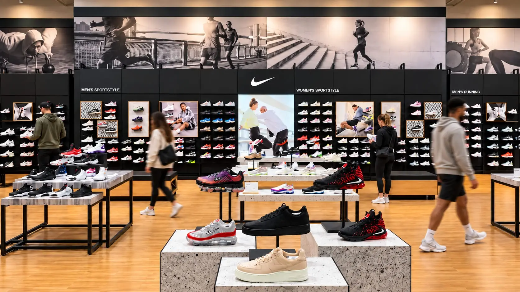 A remodeled footwear department in a Dick's Sporting Goods store, with new shoe walls and display tables