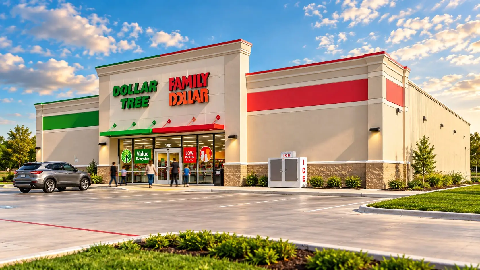 A combined Family Dollar and Dollar Tree store which symbolizes Fulcrum's many open store remodel projects for both brands, owned by the same corporation.