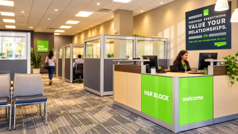 A remodeled H&R Block office with a new reception desk, carpet and workstations