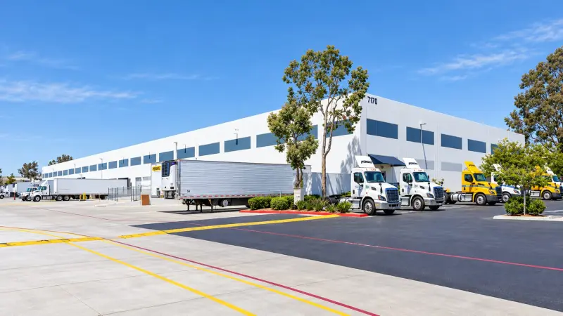 Trucks at the loading docks of the Penske logistics facility in San Diego, California