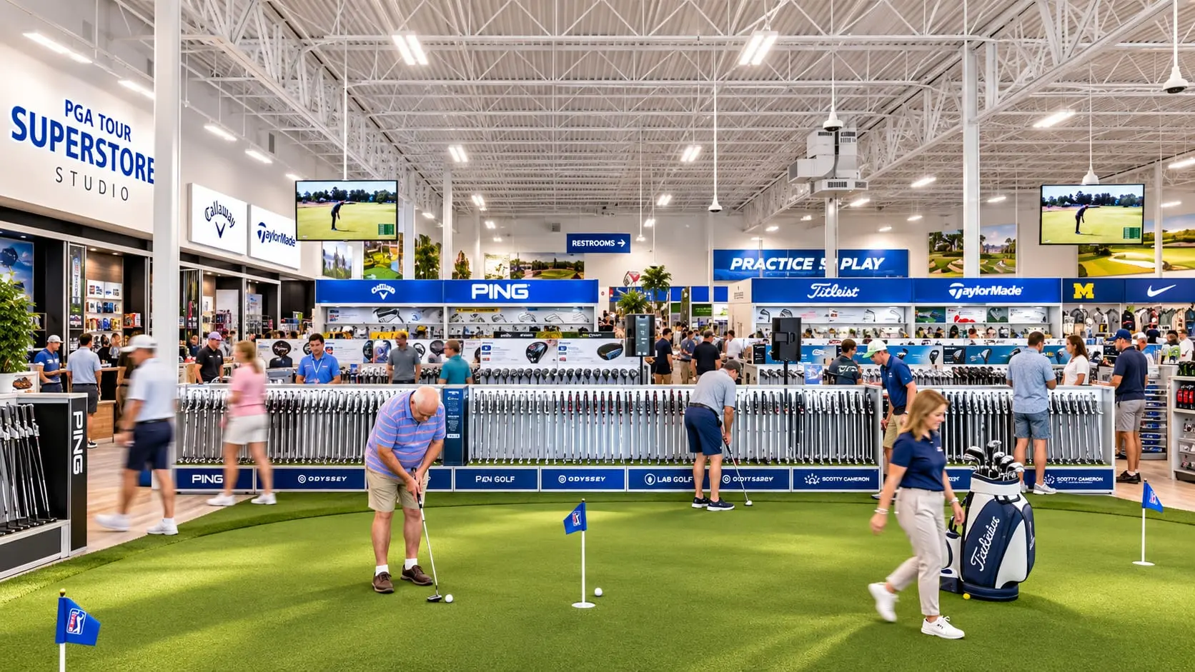 Inside the Boise PGA Tour Superstore: an indoor putting green in front of the hitting bays