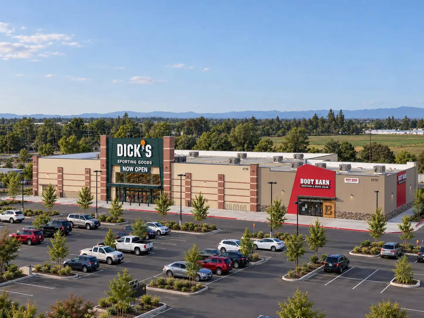 Aerial view of Reynolds Ranch in Lodi, California, with the new Dick's Sporting Goods and Boot Barn stores