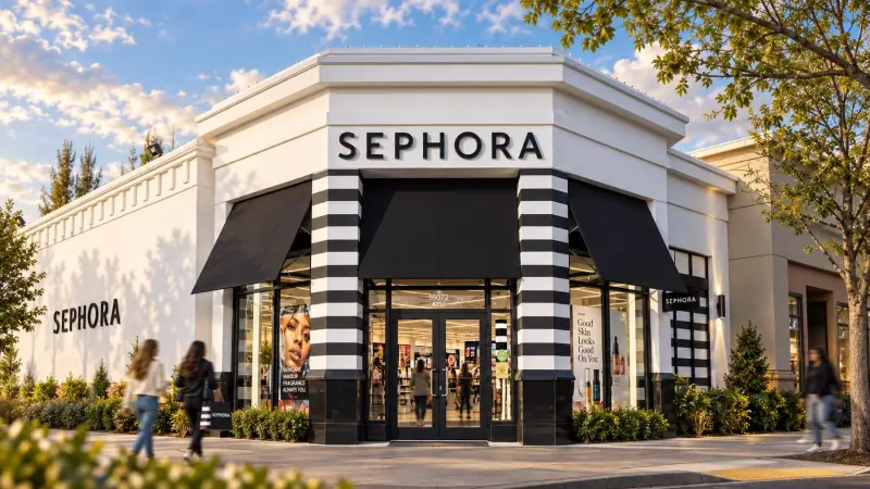 Sephora storefront with its black-and-white striped entrance in Hillsboro, Oregon