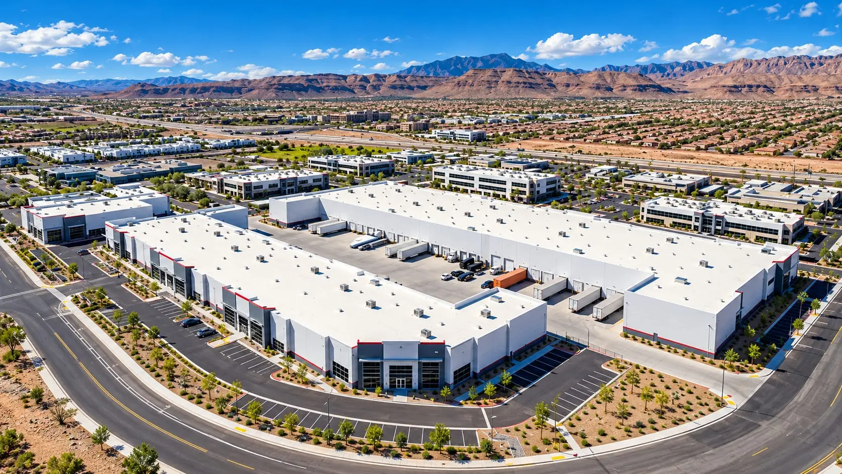 Aerial view of Spanish Ridge Industrial Park in Las Vegas, Nevada, with the mountains behind