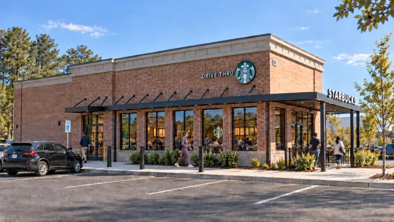 New brick Starbucks building with a black canopy in McDonough, Georgia