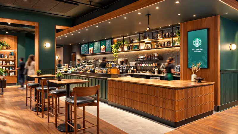 A renovated Starbucks coffee shop, with tables and chairs.