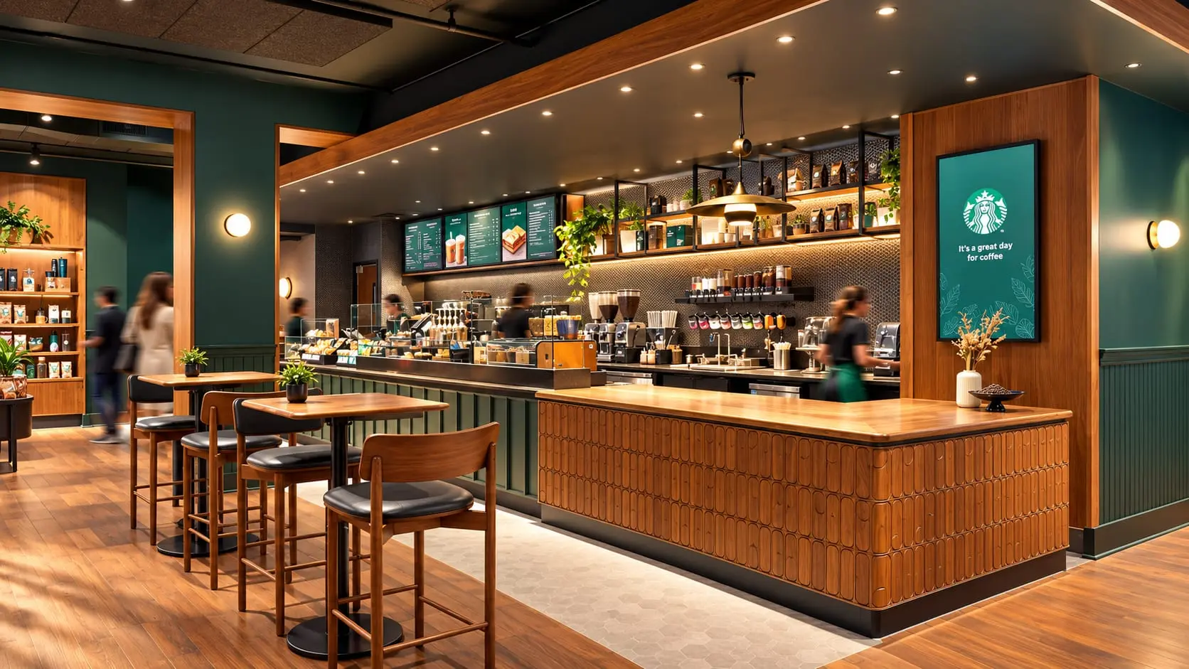 A renovated Starbucks coffee shop, with tables and chairs.