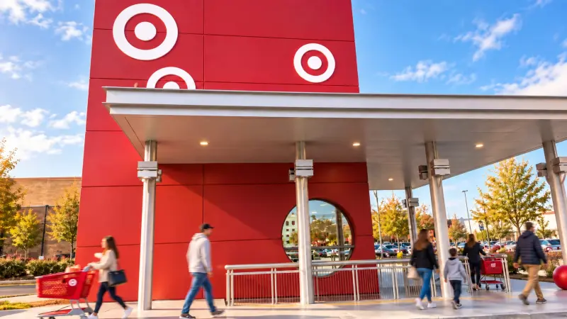 Target Buckhead South in Atlanta: the red entrance tower and canopy with shoppers walking in