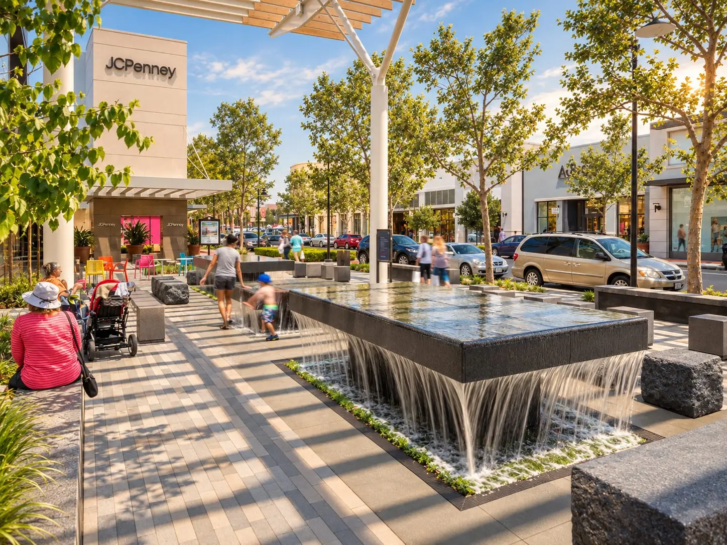 A new water feature on Monet Avenue at Victoria Gardens, with shoppers on the new paving