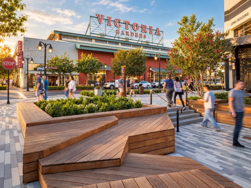 The renovated Monet Avenue plaza at Victoria Gardens, with new paving, wooden seating and planters