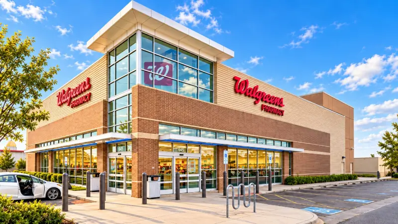 A Walgreens pharmacy storefront, storefront with a glass corner tower