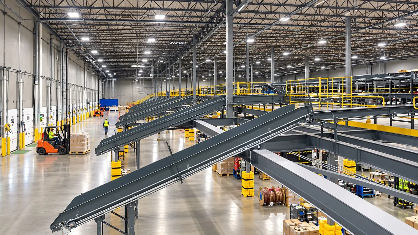 Inside the Walmart distribution center: conveyors carried on new structural steel above the warehouse floor