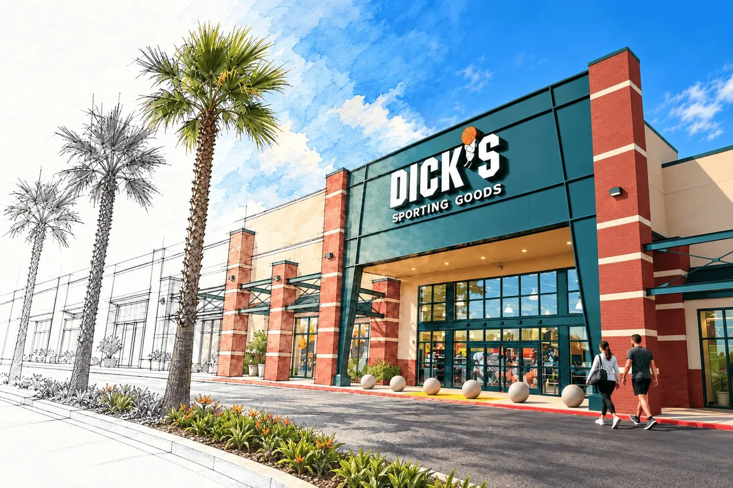 Dick's Sporting Goods storefront, half architectural sketch and half finished building